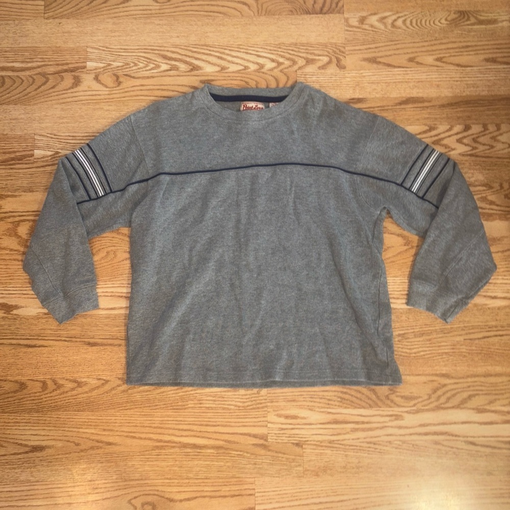 VTG Point Zero Sweater Men L Grey Striped Ribbed Skater Grunge Y2K Crewneck
